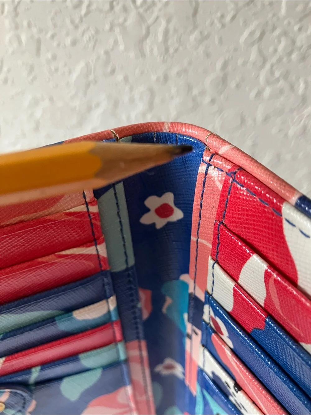 kate spade: Blue Floral Bifold Wallet: Storybook- Red & Mint Accents- Flaws